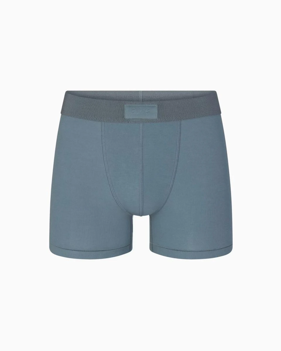 A MODEL POSES WEARING SKIMS MENS BOXERS